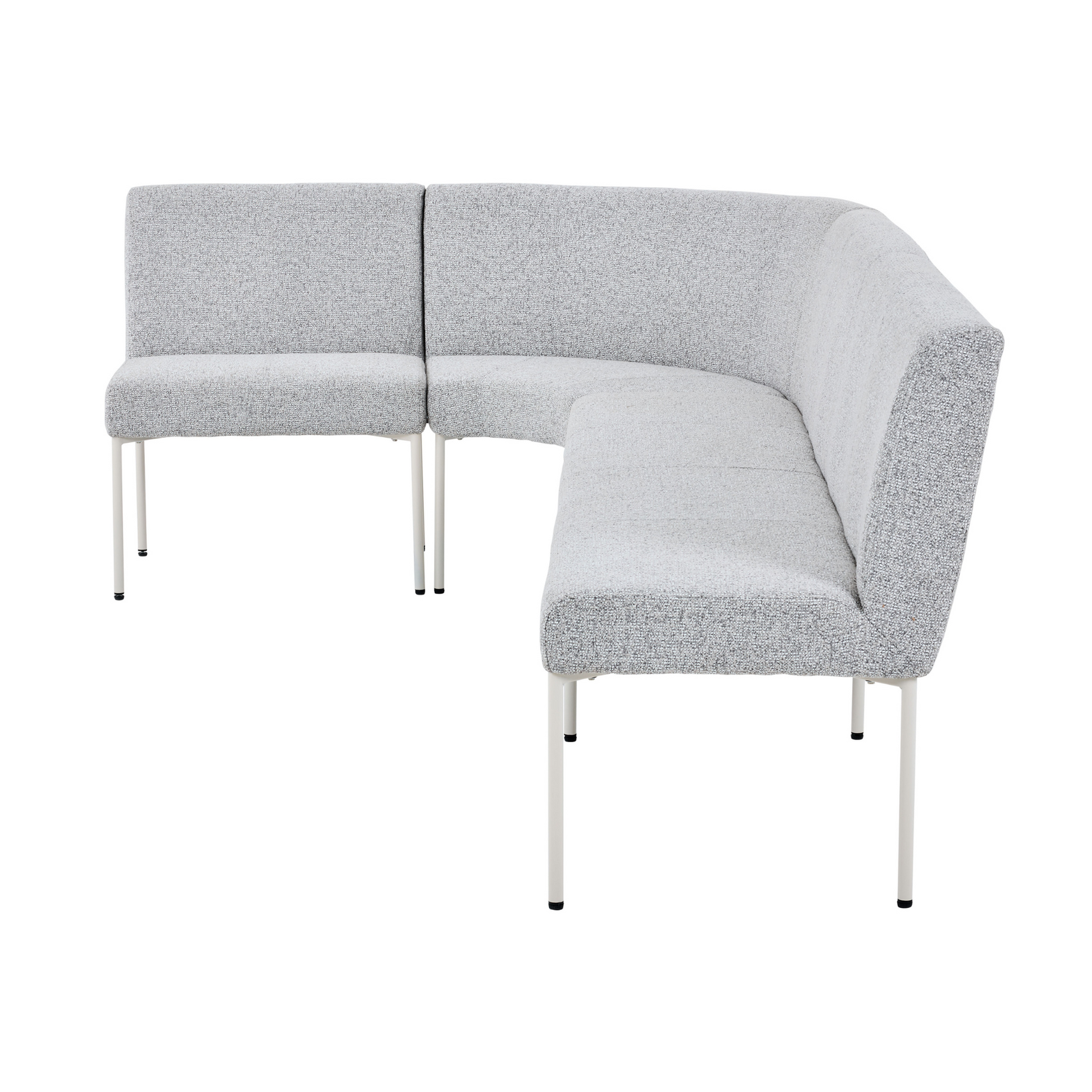 Beige hoekbank met verdikte zitting, hoge armleuning en witte poten