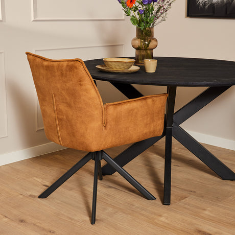 Draaibare eetkamerstoel met goudgele fluwelen bekleding en zwarte spinpootbasis