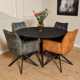 Eetkamerstoel donkergroene velours met hoge rug, ronde zitting en zwart 4-poots frame.