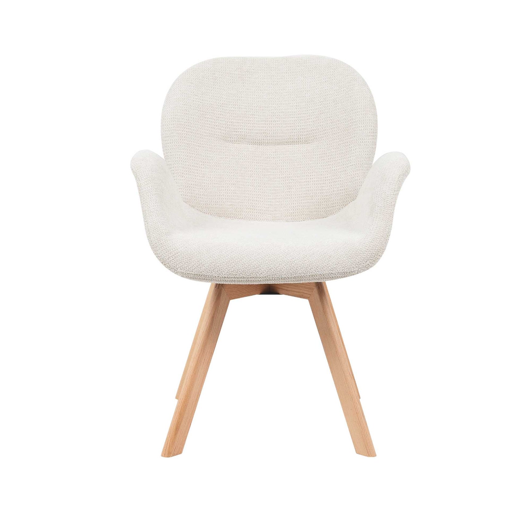 Beige eetkamerstoel met zachte kuip, ronde rug en houten poten
