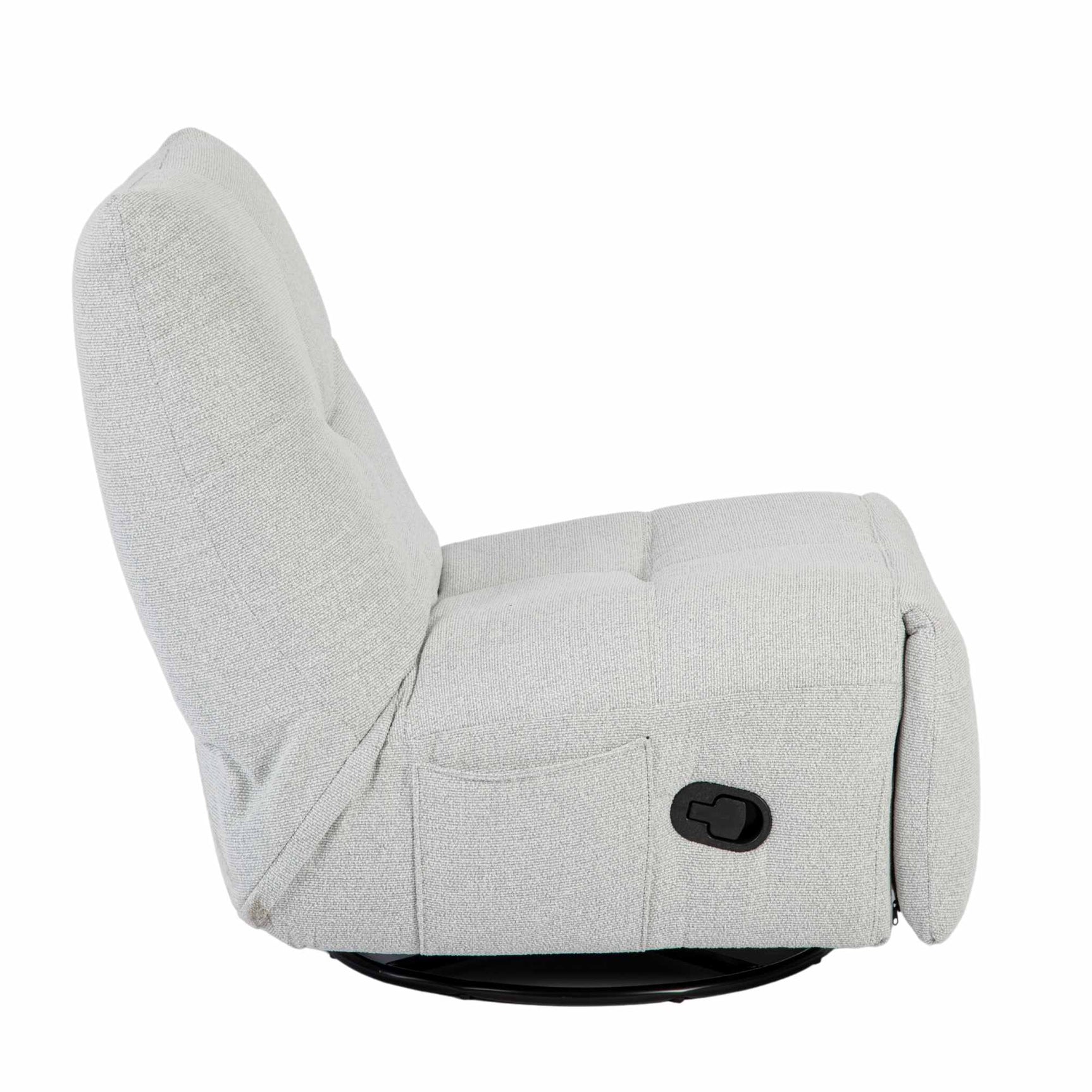 Lichtgrijze relaxfauteuil met uitgeklapte zitting en ronde zwarte voet