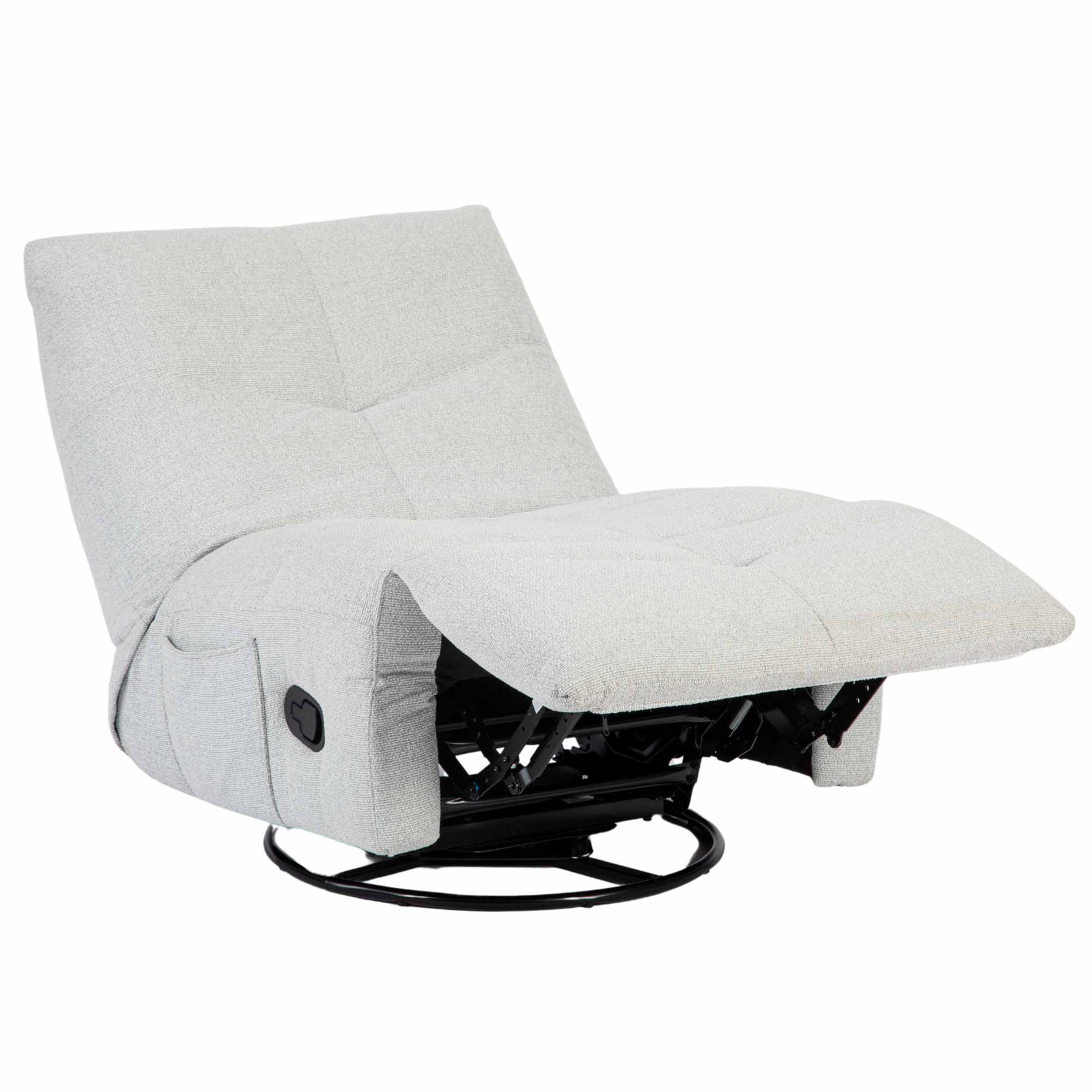 Lichtgrijze relaxfauteuil met open voetensteun en verstelknop aan de zijkant