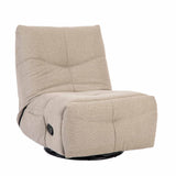 Relaxfauteuil met lichtbeige stof, hoge rugleuning en voetensteun met zwarte onderkant