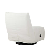 Relaxfauteuil met witte stof: hoge rug, brede zitting en zwarte bedienknop op de arm