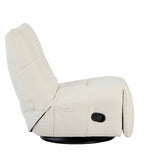 Relaxfauteuil met witte stof, opgetrokken rug en voetensteun met zwarte basis en naden