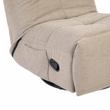 Relaxfauteuil met armleuning, beige stof en zwarte bedieningsknop op de zijkant.