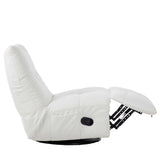 Relaxfauteuil in zittende stand, lichtgekleurde stof en zwarte onderkant van het mechanisme.