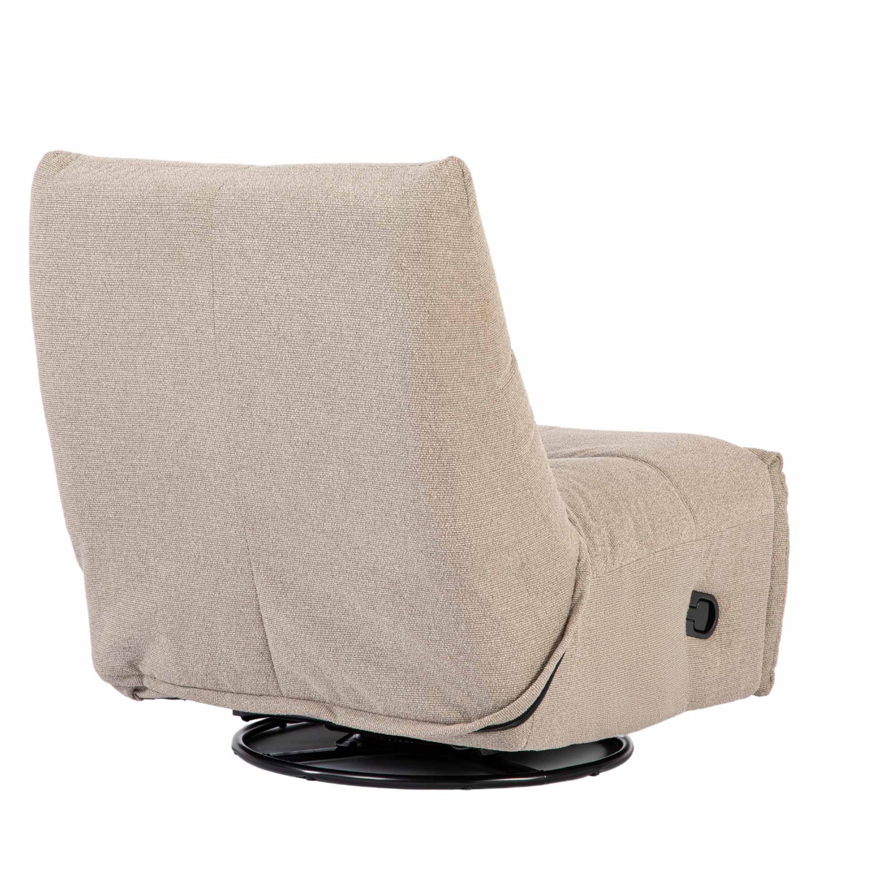 Taupe relaxfauteuil met opklapbare zitting, afgeronde rug en zwarte draaibasis