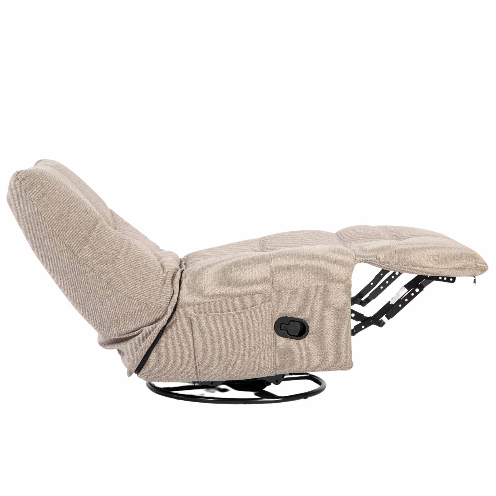 Taupe relaxfauteuil met liggedeelte, gestoffeerde rug en zwarte metalen constructie