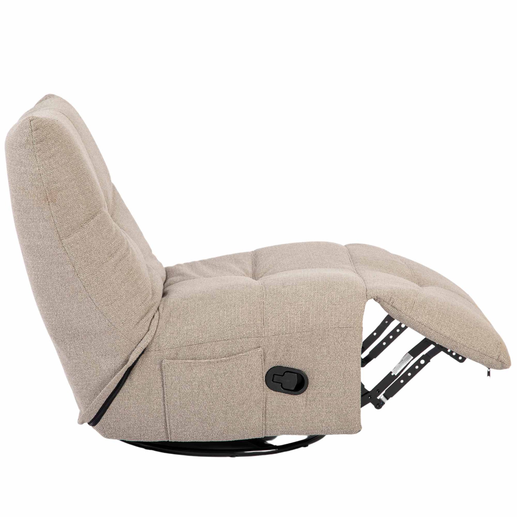 Taupe relaxfauteuil in ligstand, gestoffeerde zijkant, zwarte basis en voetsteun
