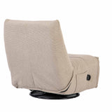 Taupe relaxfauteuil met zijkantbediening, afgeronde rug en zwarte draaibasis