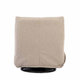 Taupe relaxfauteuil achteraanzicht met hoge rugvulling en zwarte draaibasis