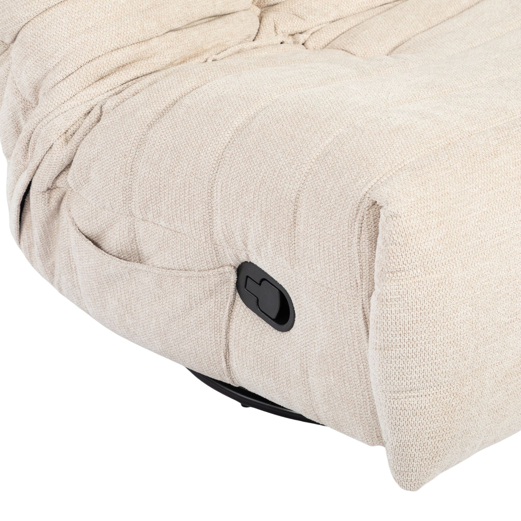 Beige relaxfauteuilarm met zwarte bedieningsknop, gestoffeerde bekleding
