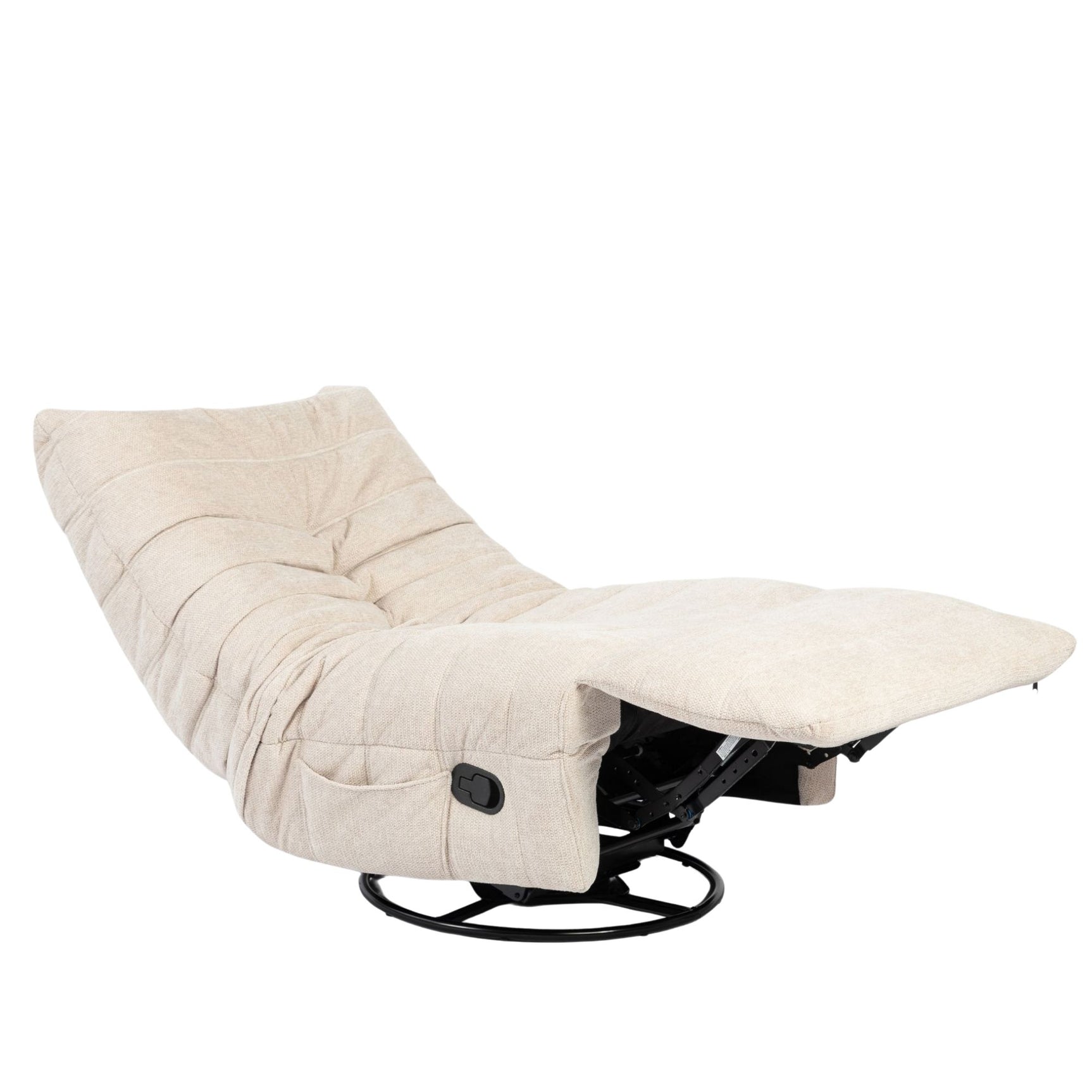 Beige relaxfauteuil in ligstand met opklapbare rug en voetensteun, gestoffeerd