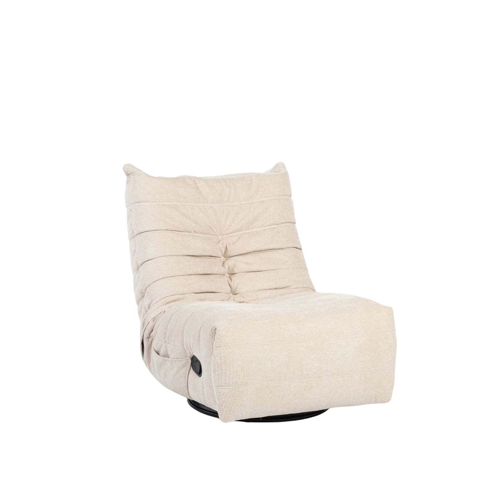 Beige relaxfauteuil met hoge rugleuning en ronde zitting, gestoffeerd