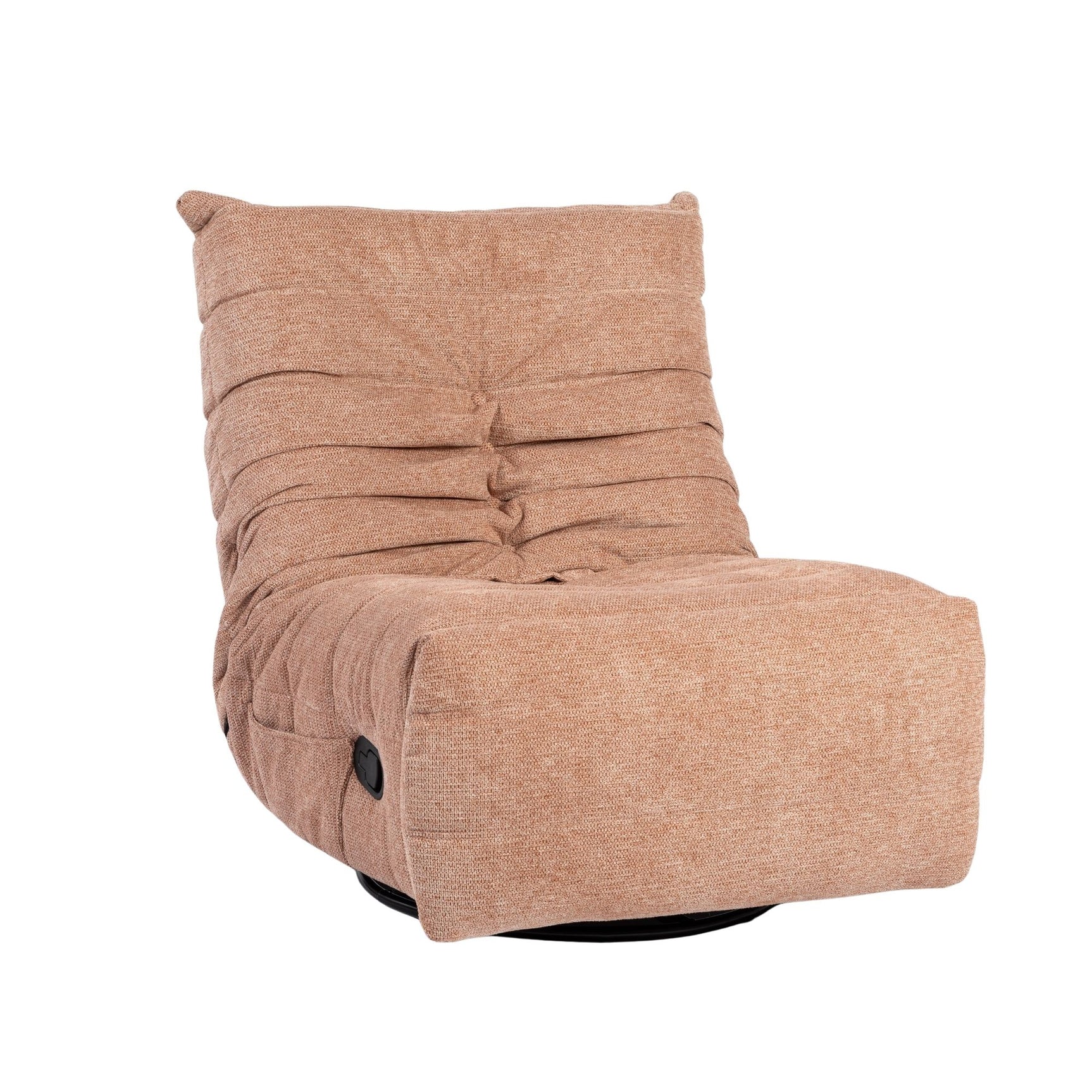 Roze relaxfauteuil met opklapbare voetensteun, gestoffeerde zitting en zwarte bediening.