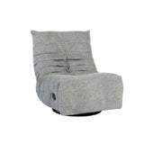 Grijze relaxfauteuil met knoopdetails in de zitting en rug, zwarte basis.