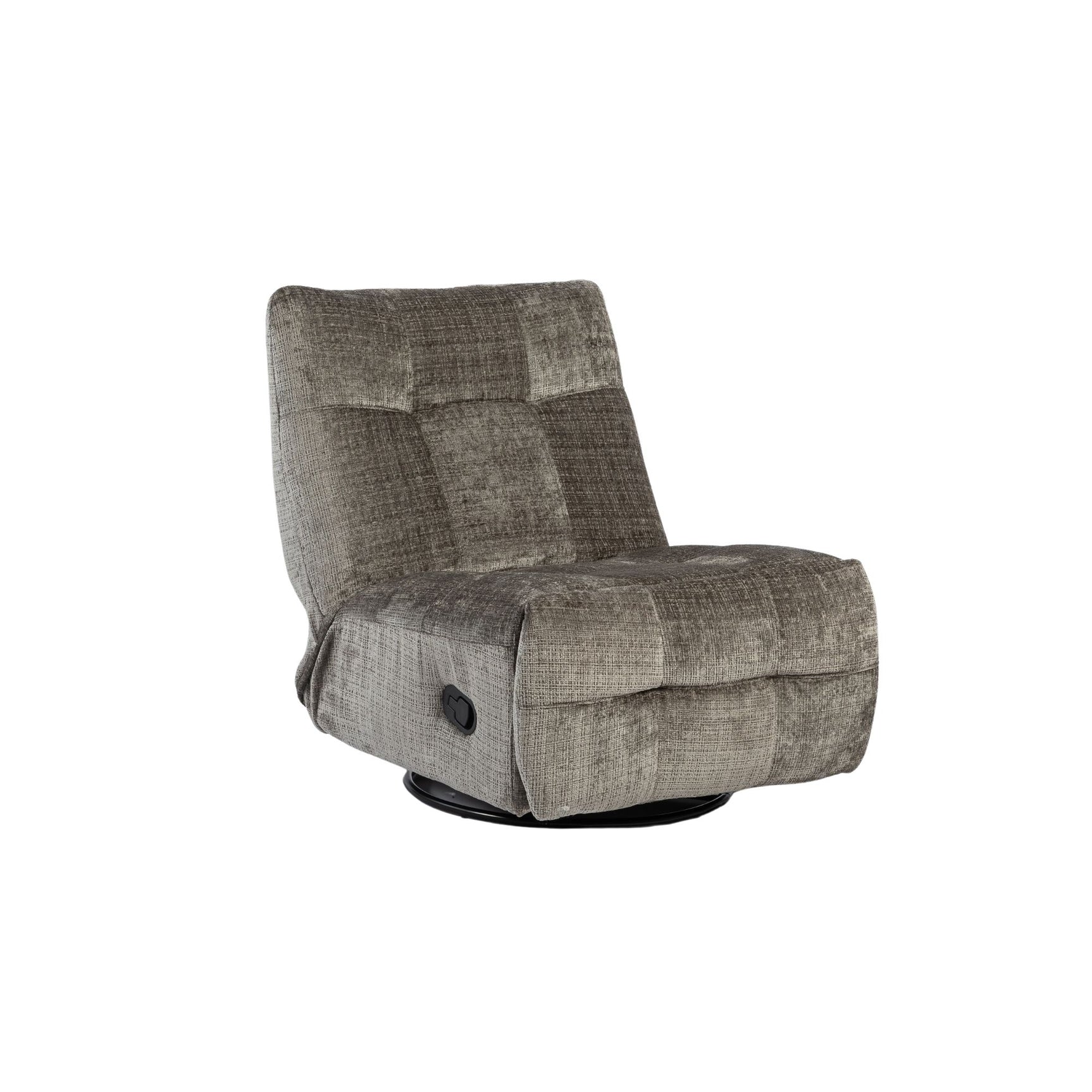 Grijze relaxfauteuil met voetensteun omlaag en zwarte onderkant, gestoffeerd weefsel