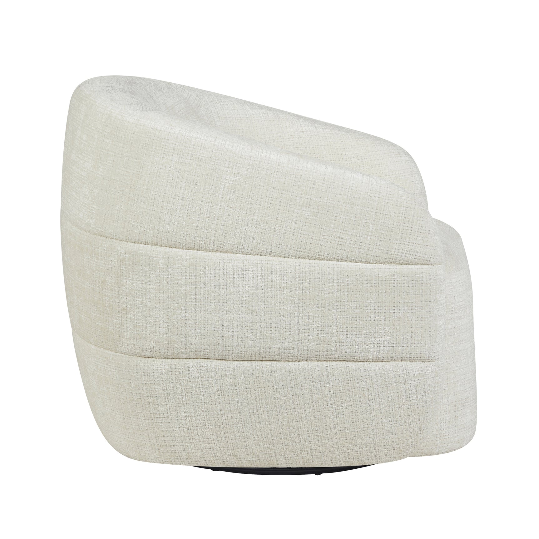 Fauteuil Yara in gebroken wit, zijaanzicht met horizontale stiksels en ronde vorm