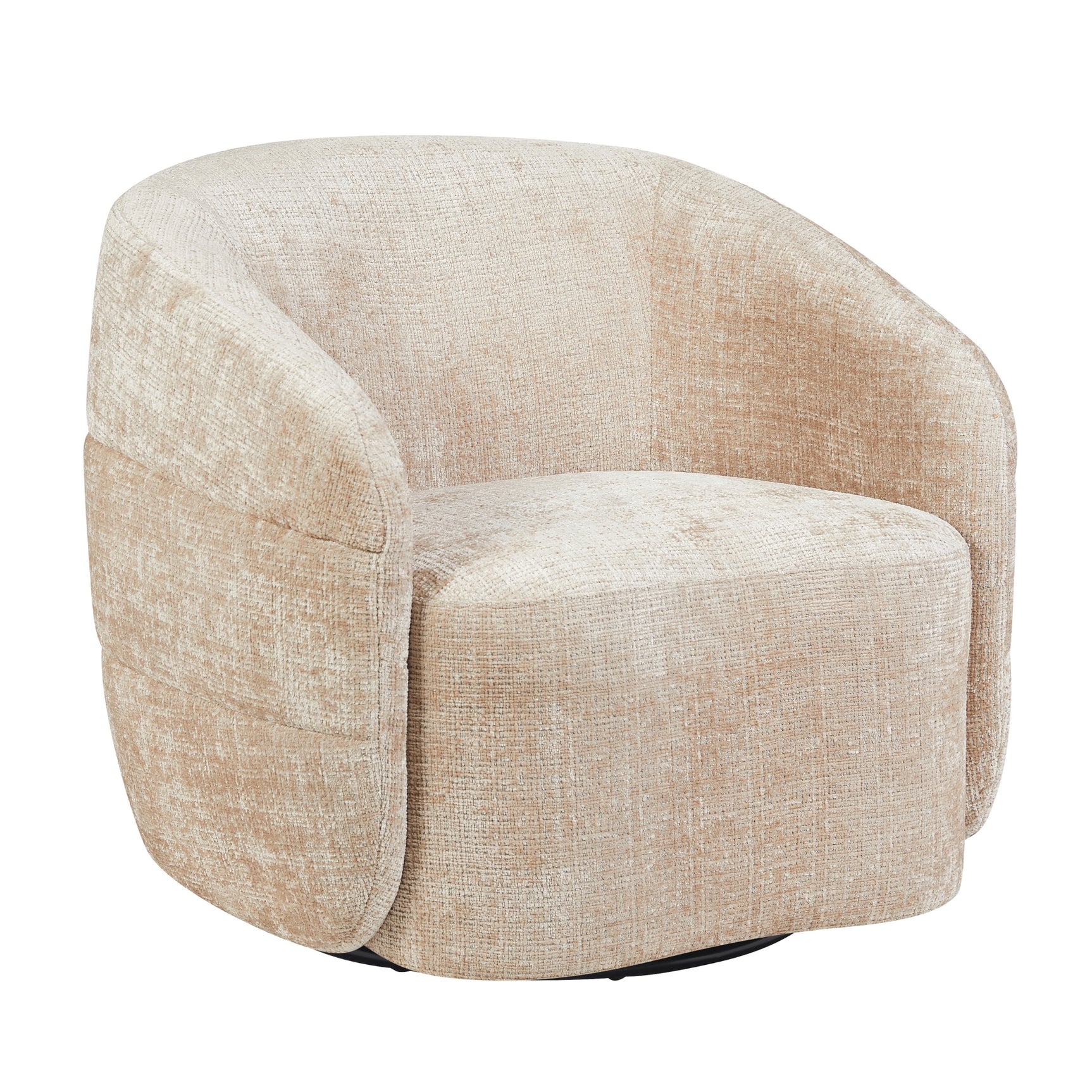 Beige fauteuil met ronde armleuningen en dikke zitting, gestoffeerd in textiel
