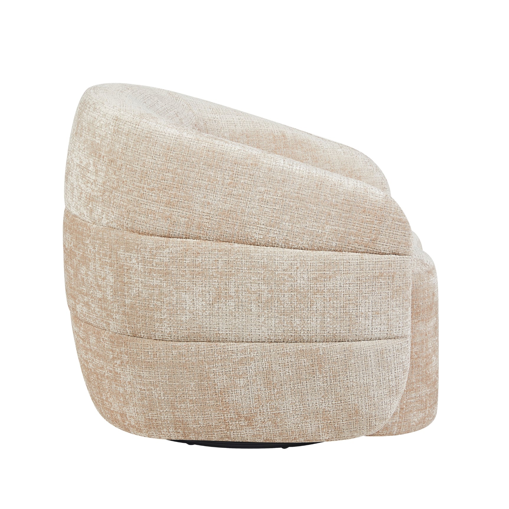 Beige fauteuil met hoge rug en gebogen armleuning, ronde vorm