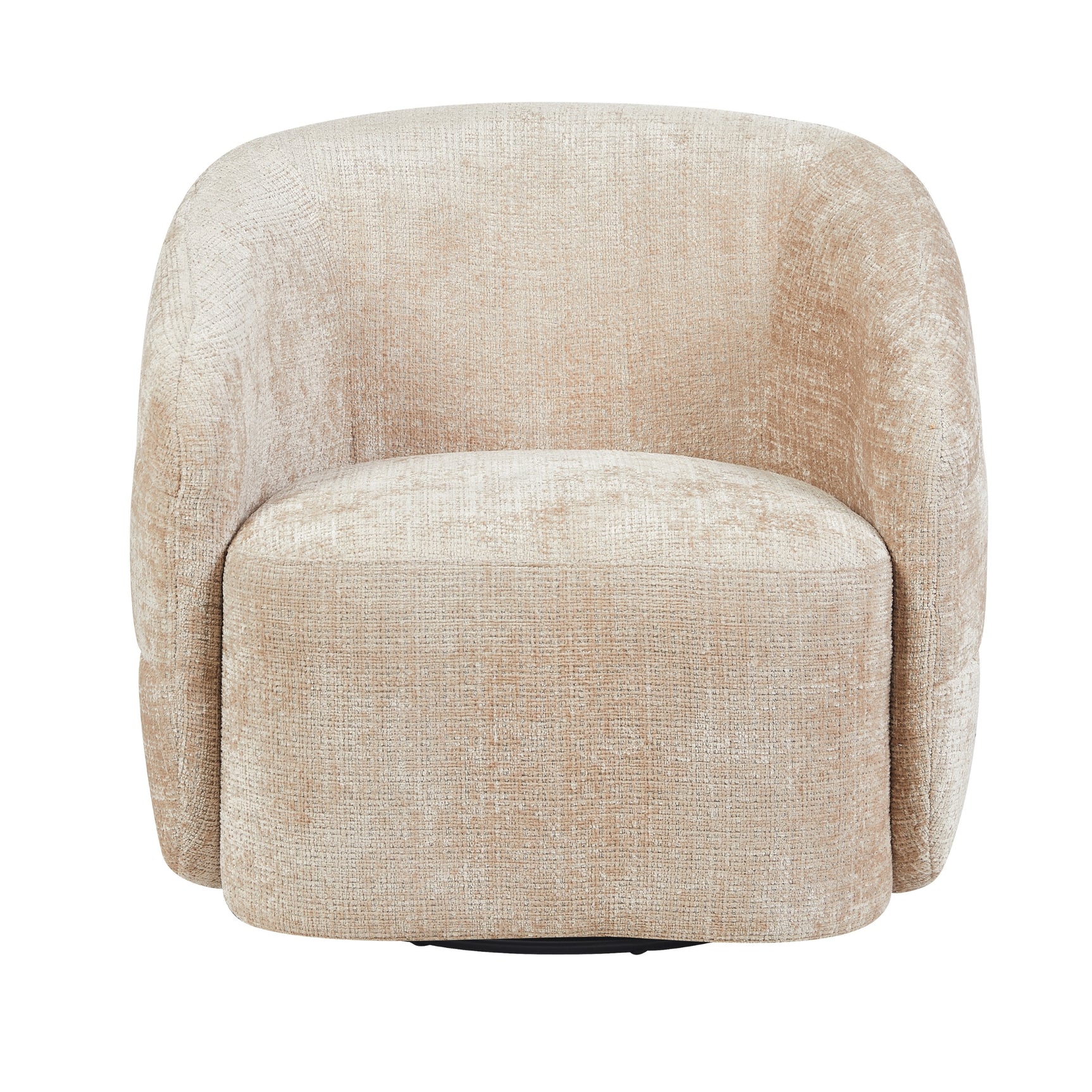 Beige fauteuil met ronde kuip en armleuningen, zachte zitting