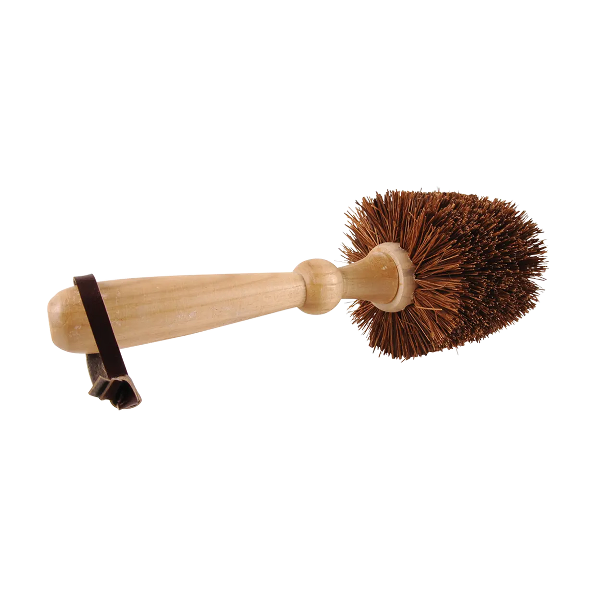 Bloempot borstel: houten handvat met zwarte beugel en ronde borstelkop van bruin haar.