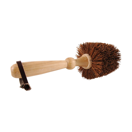 Bloempot borstel: houten handvat met zwarte beugel en ronde borstelkop van bruin haar.