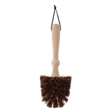 Bloempot borstel met lange houten steel en ronde borstelkop van bruine haren.