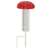 Vliegenzwam regenmeter met rode dop, transparante meetbuis met schaal en witte staanders