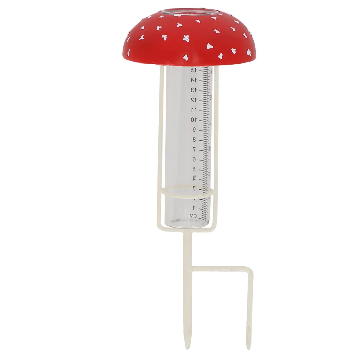 Vliegenzwam regenmeter met rode dop en meetbuis met schaalverdeling, staanders