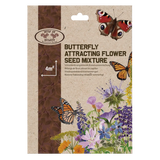Vlinderaantrekkend bloemenmengsel zaadzak met vlinders en kleurrijke bloesemillustraties
