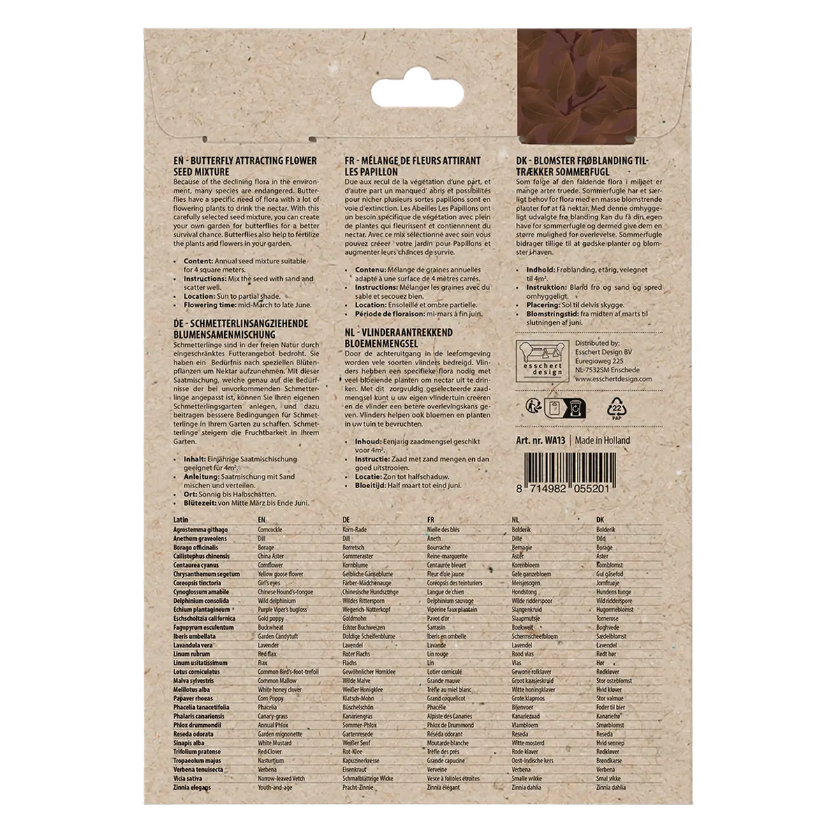 Achterzijde van zaadzak met plantspecificaties en samenstelling in tekst en tabellen