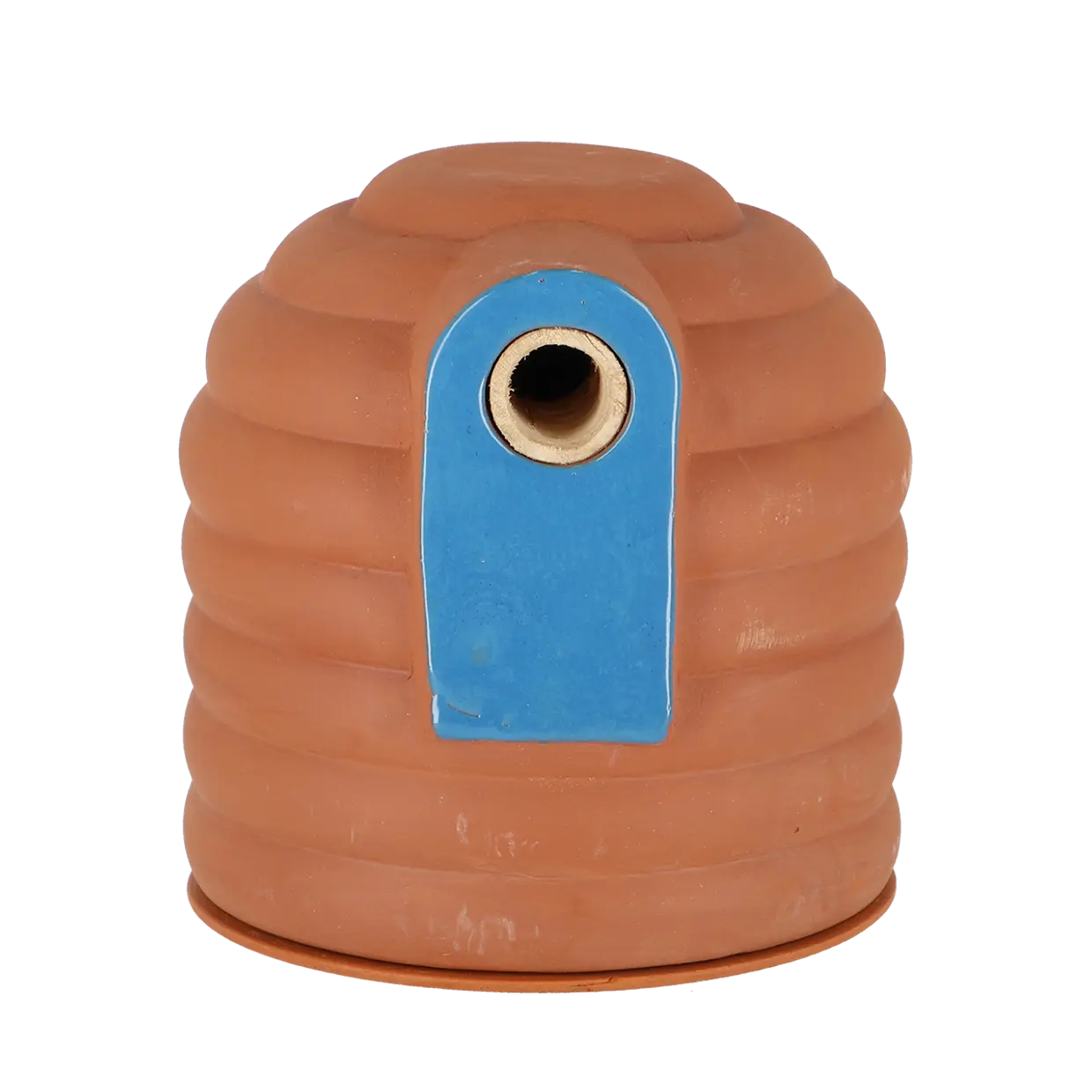 Terracotta hommelpot met blauwe omlijsting en ronde zwarte opening