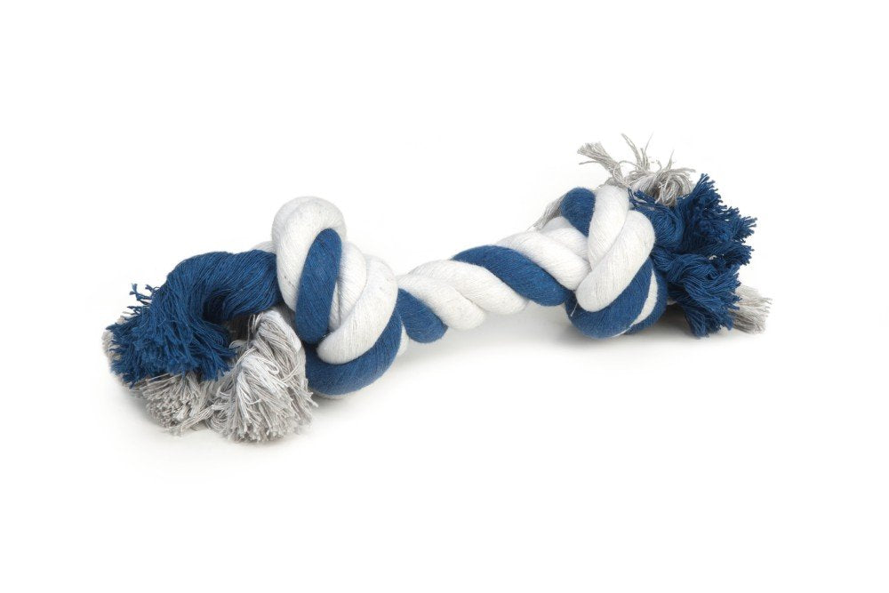 Hondenspeelgoed: gevlochten touw met blauwe, witte en grijze knopen