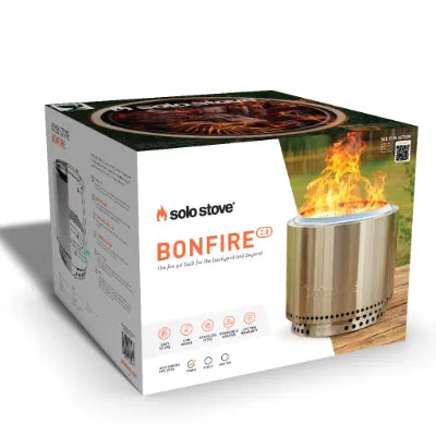 Solo Stove Bonfire doos met rvs vuurschaal en vlamafbeelding