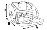 Schematische weergave autostoel-opbergzak met afmetingen A, B, C, D, E en F
