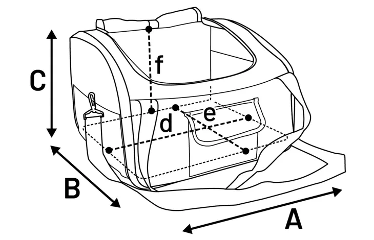 Schematische weergave autostoel-opbergzak met afmetingen A, B, C, D, E en F