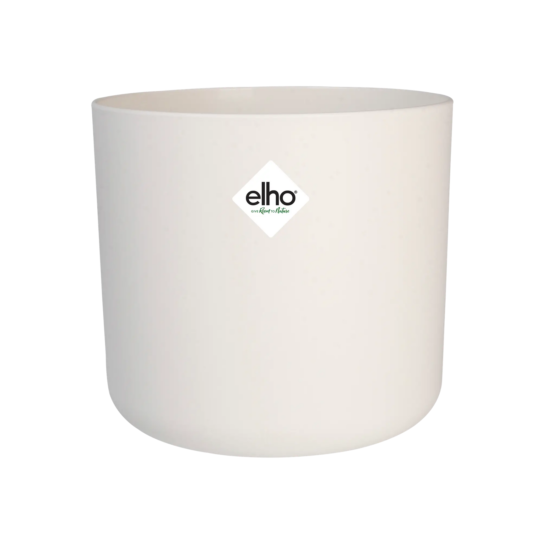 Witte ronde plantenpot met elho-logo en gladde, zachte wanden