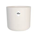 Witte ronde bloempot met elho-logo, glad mat oppervlak