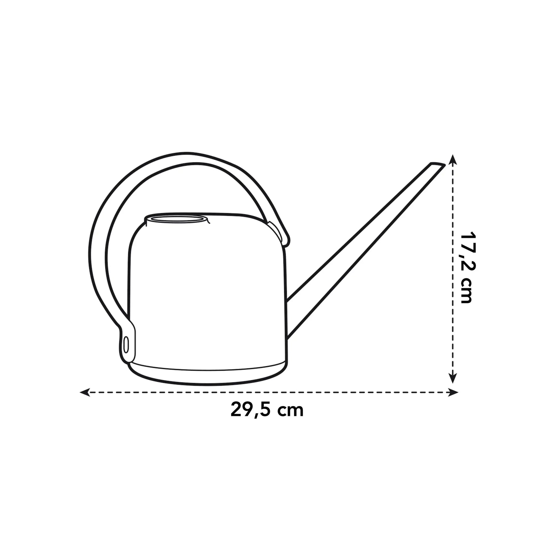 Schematische tekening van grijze gieter met afmetingen 29,5 cm en 17,2 cm