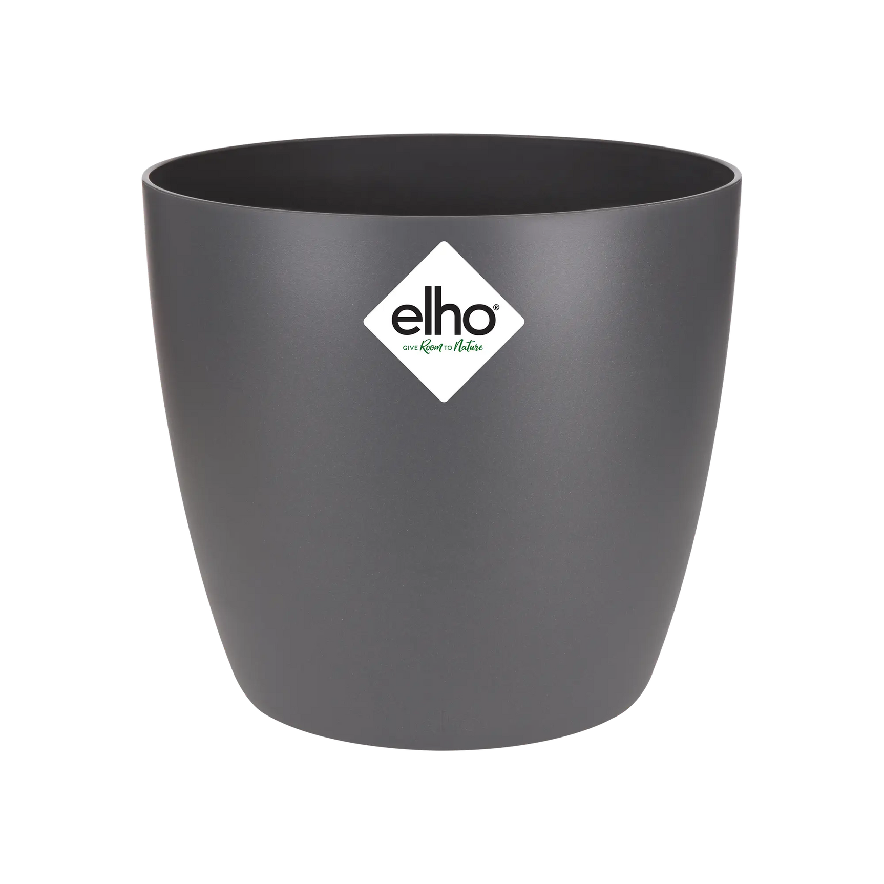 Elho ronde plantenpot, antracietgrijs, gladde kuip met elho-logo op de voorkant.