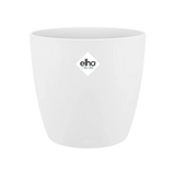 Witte ronde plantenpot met elho-logo en gladde buitenwand