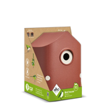 Verpakt rood vogelhuis met rond invlieggat en merk elho op de doos.