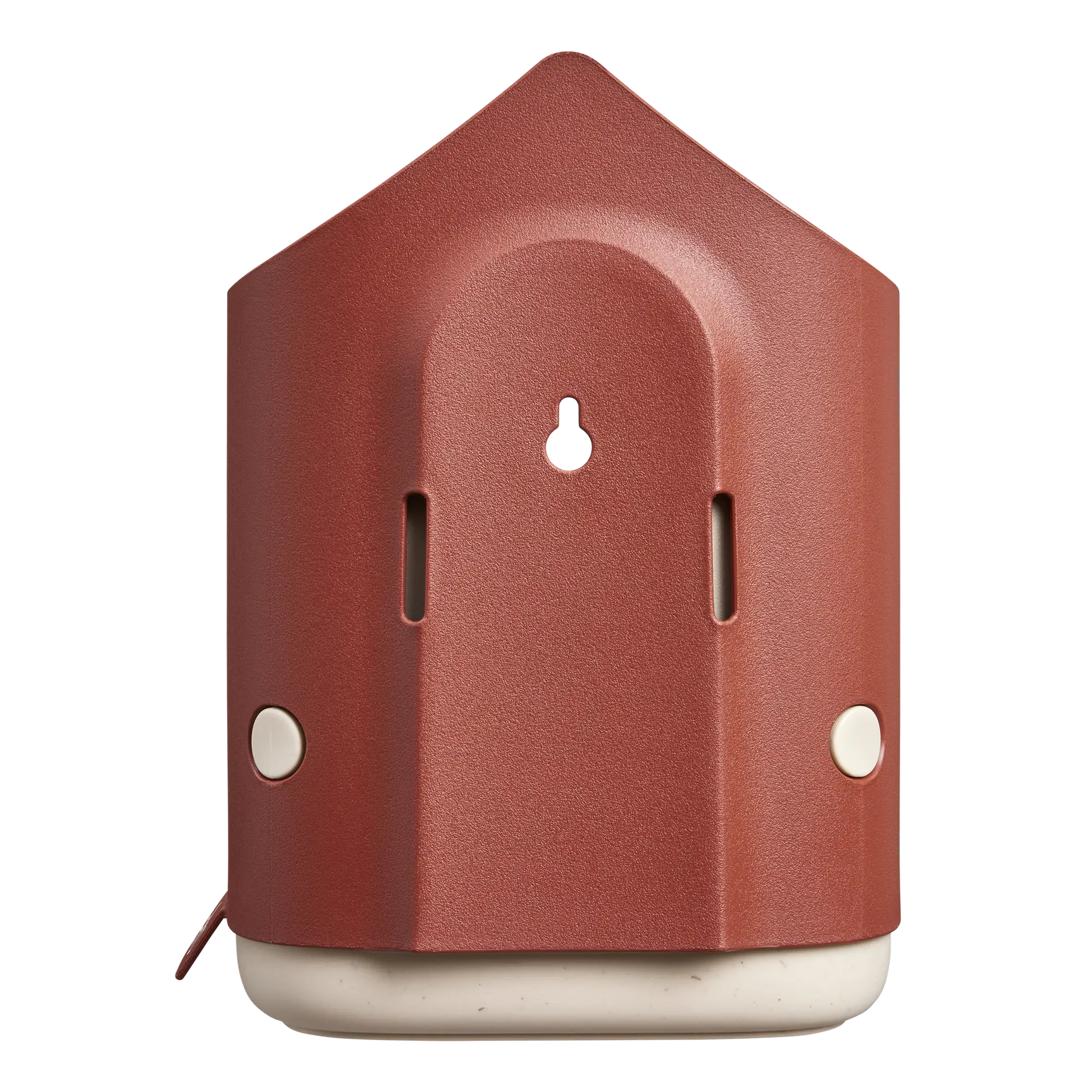 Rood vogelhuis met centrale opening en twee langwerpige ventilatieopeningen aan de zijkant.