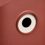 Rond invlieggat van rood vogelhuis met witte omlijsting en zwarte opening.