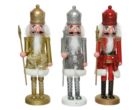 Decoris notenkraker van glanzend plastic, assorti: goud, zilver en rood, 28 cm