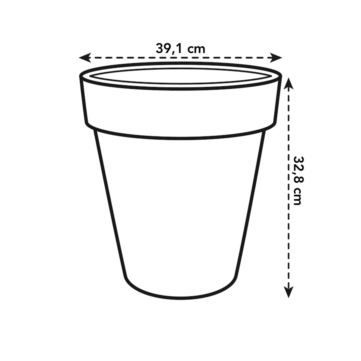 Technische schets: antracietkleurige plantenbak, 39,1 cm breed en 32 cm hoog