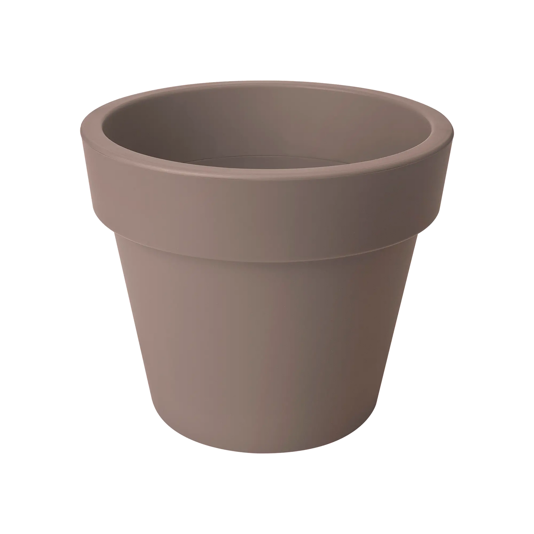 Elho plantenbak, taupe ronde pot met hoge vorm en brede opening bovenaan.