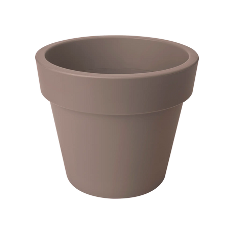 Elho plantenbak, taupe ronde pot met hoge vorm en brede opening bovenaan.